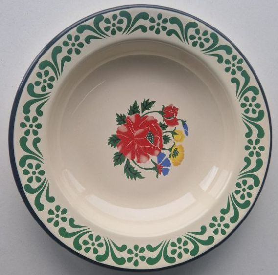 Enamel dining plate red flower green rim