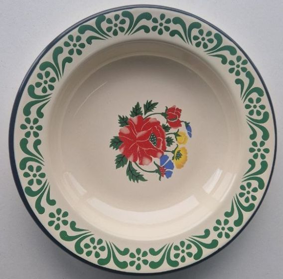 Enamel dining plate red flower green rim